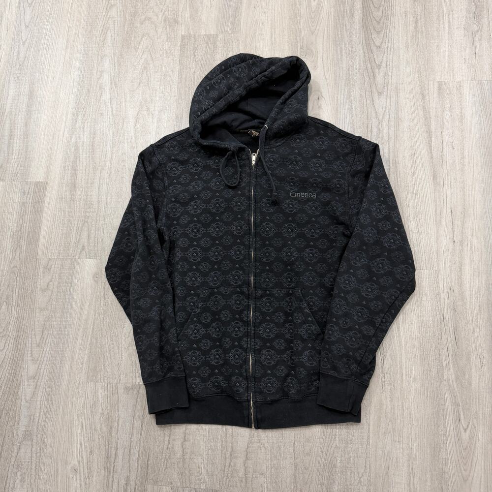 Vintage Emerica Full Zip Hoodie Medium Black All Over Print Skateboarding Grunge